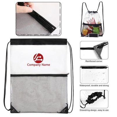 Transparent PVC Drawstring Backpack With Front Zipper Mesh Pocket