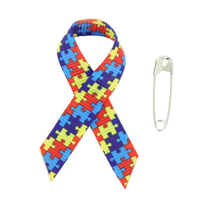 Autism Awareness Ribbon w/Safety Pin (2 1/4" x 1 1/4")